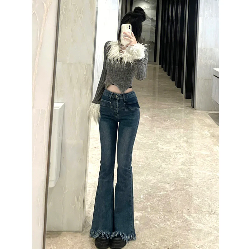 

American Retro High Waist Bell Bottom Denim Jeans Women Spring Autumn Long Tassel Elastic Floor Length Pants Deep Color