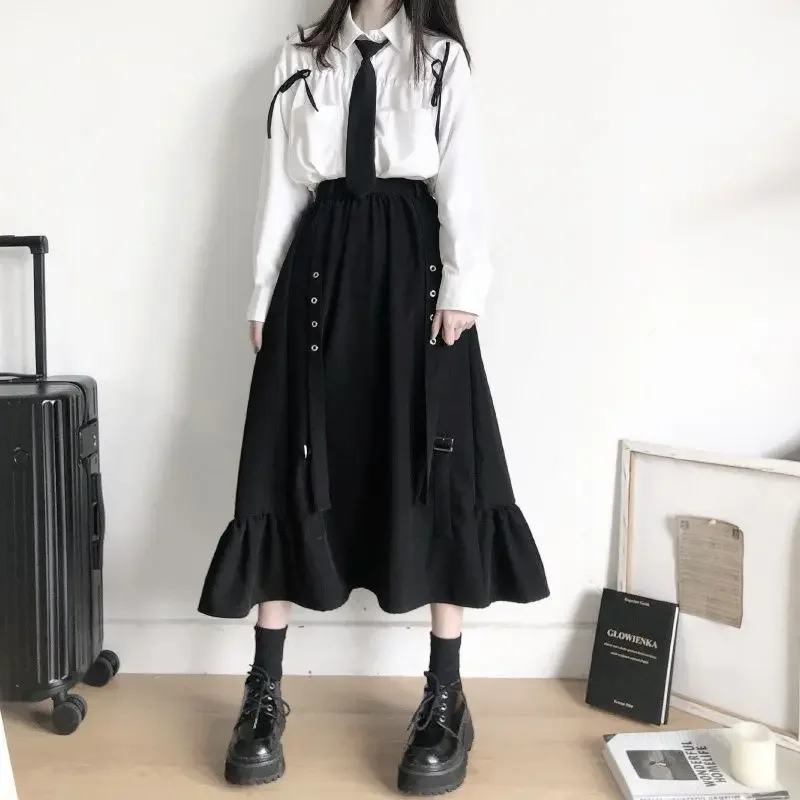 Spring/Autumn Women Skirts High Waist Student Korean Style Dark Vintage Ruffle Long A-line Skirts Women Fashion 2024