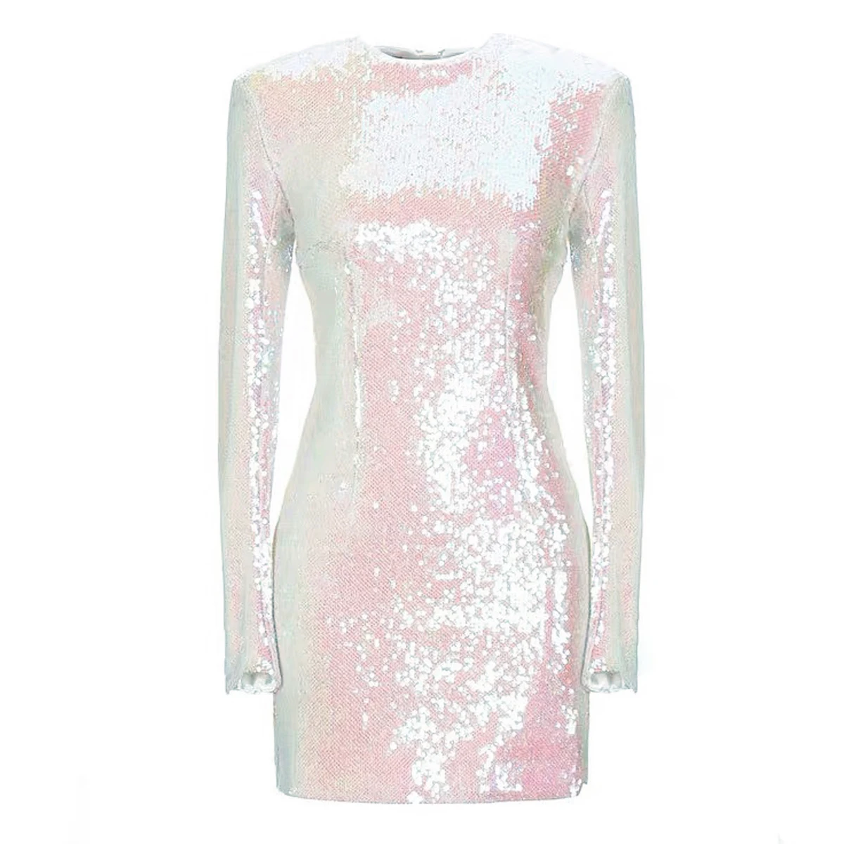 

S-XL Three Color High Quality Solid Beaded Round Neck Slim Fit Long Sleeve Short Elegant Banquet Women's Dress