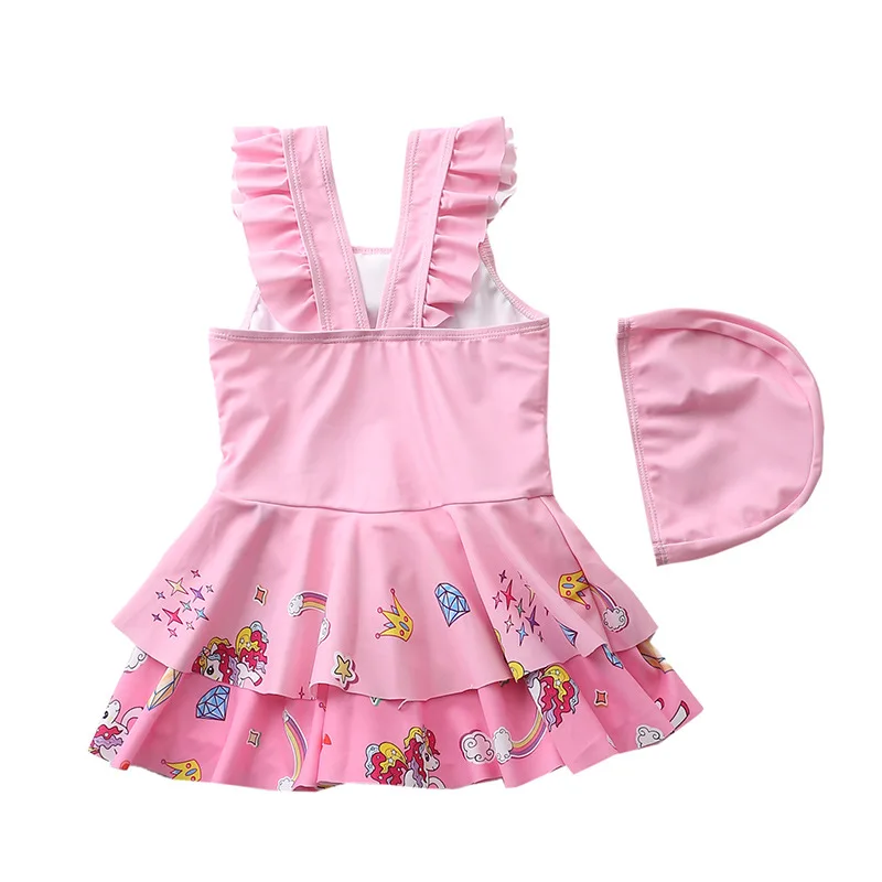 HappyFlute New One-piece Children Flat Angle Double Skirt With Swimming Cap  Girl Swimsuit