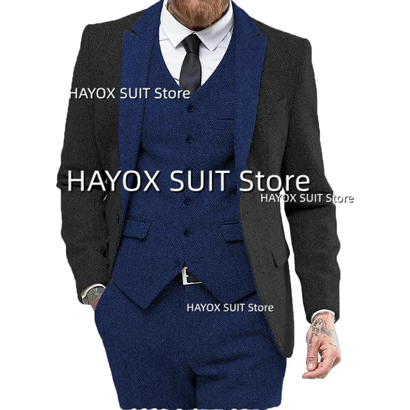 

Men's Suit 3 Piece Tweed Single Breasted Blazer Set Slim Fit Herringbone Costume Homme Tuxedo For Wedding(Jacket+Vest+Pants)