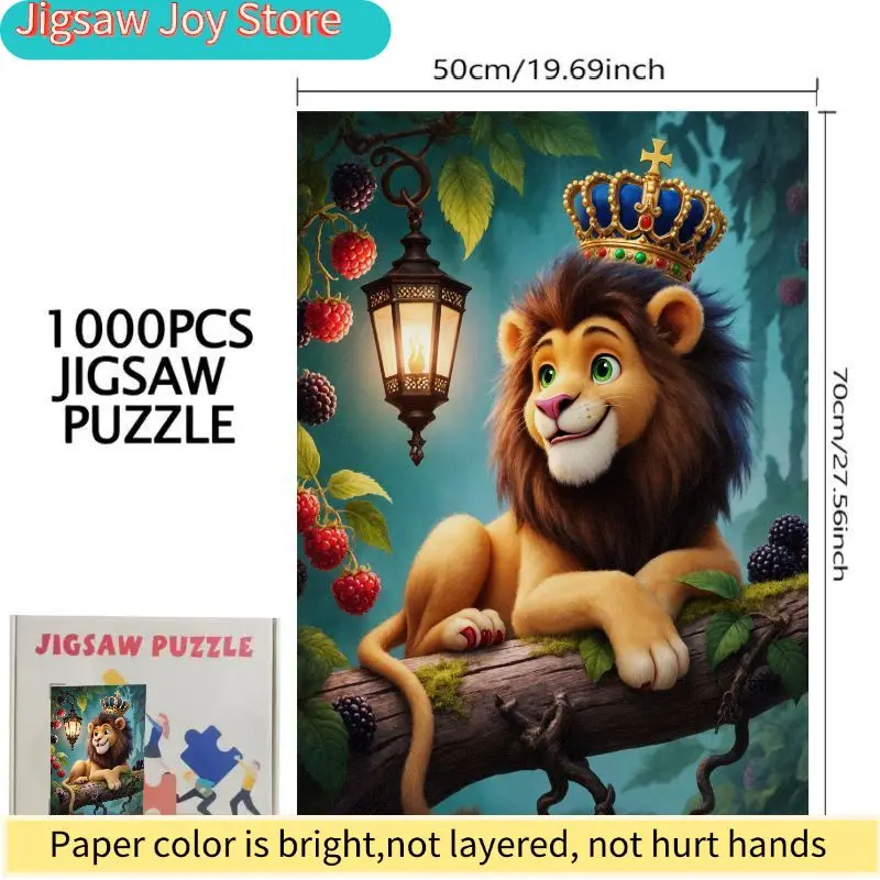 Dreamy Cartoon Lion King Puzzle - 500/1000pcs Exquisite Puzzle Game Featuring a Golden Lion with Blue Crown and Mystical Fores