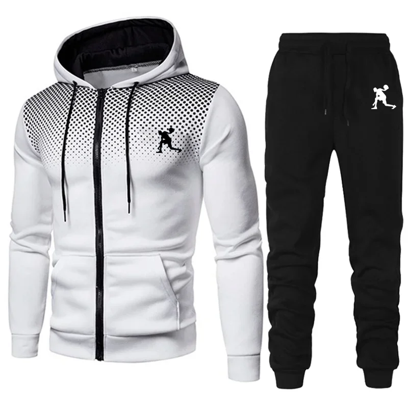 Autumn and Winter New Gradient Fleece Sweater Pants Men's Casual Zipper Sports Set Male Sportwear Suit