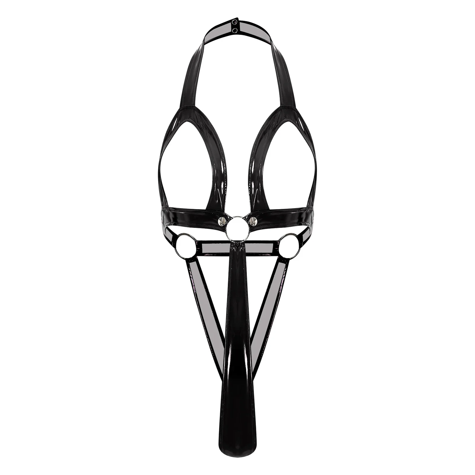 

Womens Lingerie Patent Leather Bare Breast Nipple Bodysuit Underwear Halter Cut Out Cup O-ring T-back Micro Sling Shot Harness