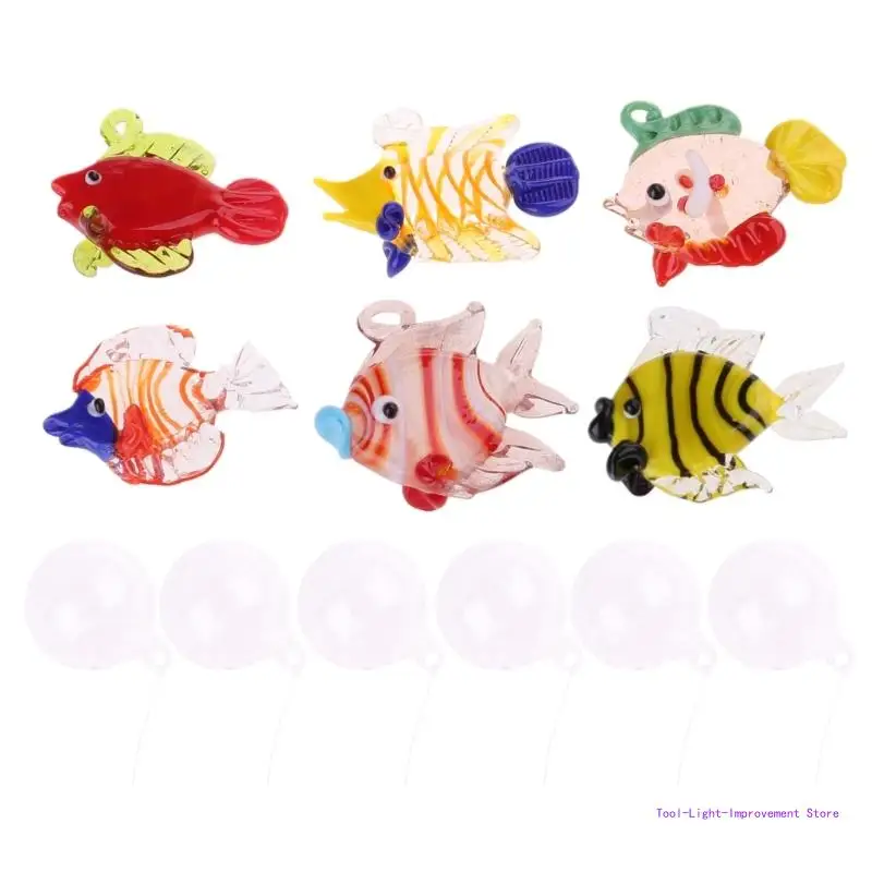 C63E (6Pieces) Colorful Glass Floating Fish Decors Aquarium Float Decoration Handcraft Bubble Designs for Home Decors