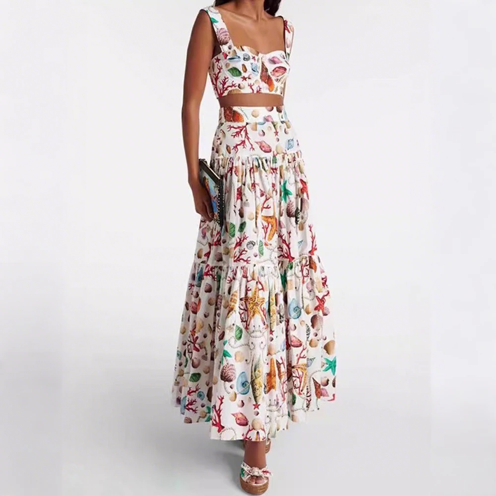 

Summer Women's Suit Square-Neck Sexy Spaghetti Strap Backless Tops+Pleated Skirt Elegant Print Cotton Two Piece Set