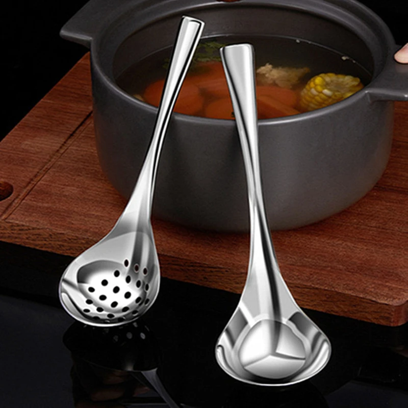 Stainless Steel Colander Multifunctional Long Handle Anti-scalding Soup Spoon Minimalistic Communal Spoon Kitchen Cooking Tools