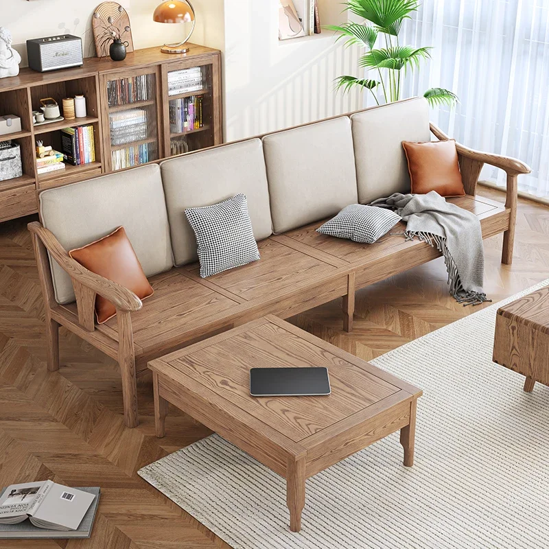 Nordic all-solid wood sofa simple ash wood small apartment living room winter and summer dual-purpose fabric