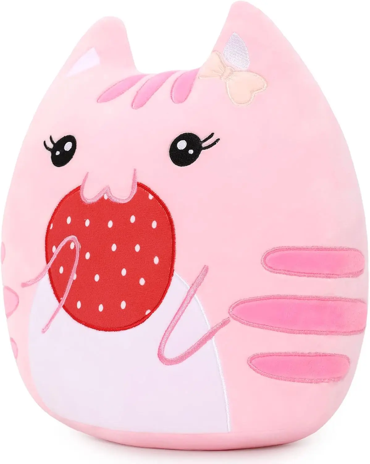 

Soft Stuffed Animals Throw Pillow, Kawaii Pink Kitty Cat Eats Strawberry Cartoon Plush Toy Hugging Pillow, Great Gift for Kids