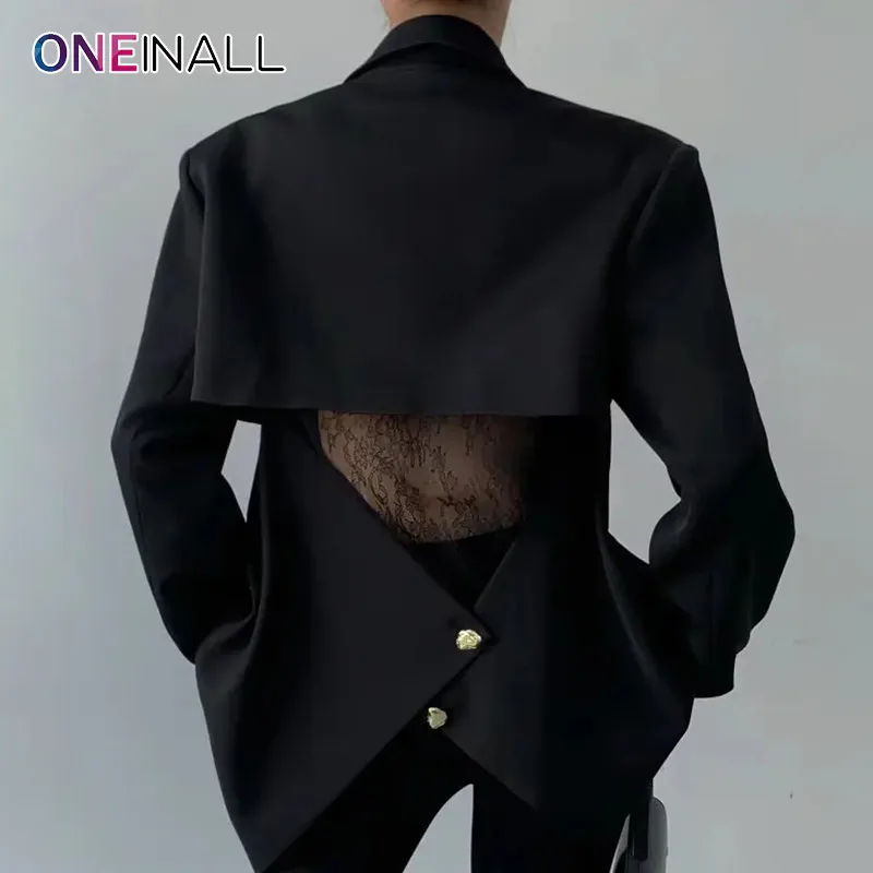 

ONEINALL Backless Split Blazer For Women Lapel Long Sleeve Patchwork Button Asymmetrical Formal Blazers Female Fashion Clothes