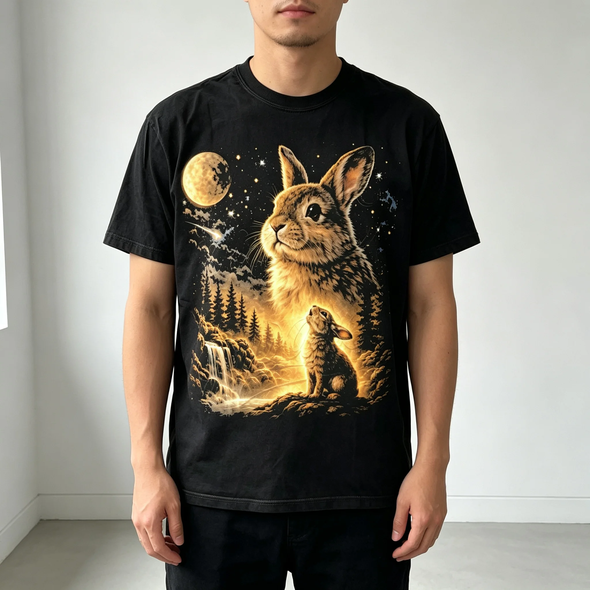 Vintage Moonlit Wild Rabbit Forest Waterfall Starry Night Graphic T‑Shirt Nature Wildlife Aesthetic Casual Short‑Sleeve Tee