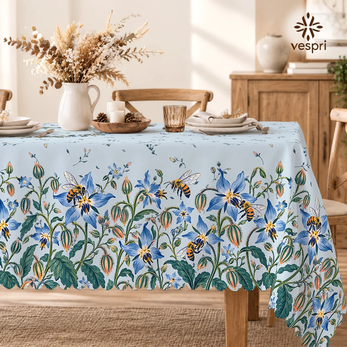 Floral Tablecloth with Irises & Hydrangeas for Indoor/Outdoor Camping decor, Rectangular/Round/Oval