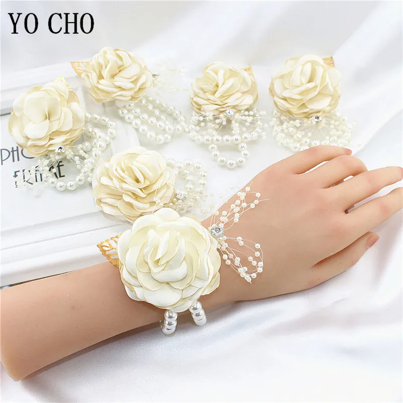 Mädchen Brautjungfer Handgelenk Blume Hochzeit Abschluss ball Party Bouton niere Seide Rose Perle Armband Armband Hand Blumen Hochzeit Zubehör – Detail 10