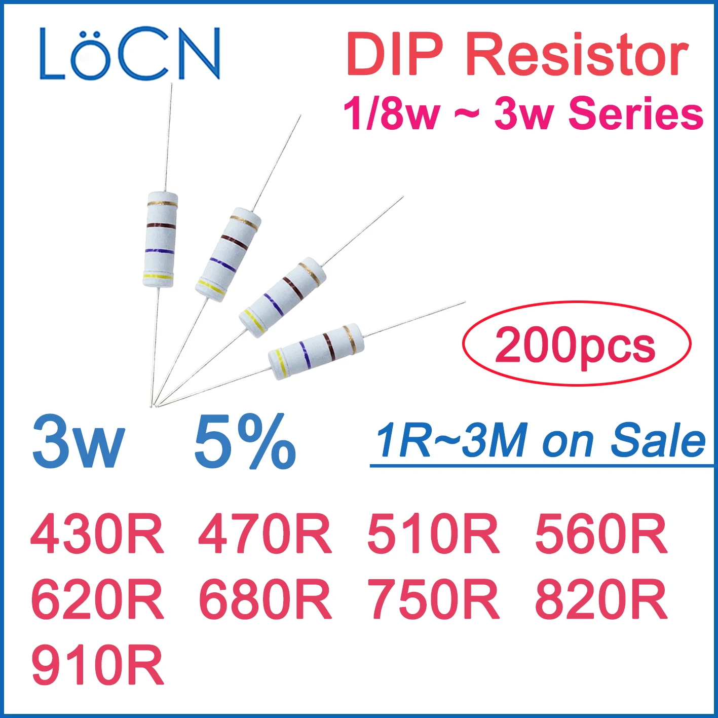 200 шт. 5% 3 Вт резистор из углеродной пленки DIP 430R 470R 510R 560R 620R 680R 750R 820R 910R OHM Цветное кольцо 1R~3M 1w 2w 1/6w 1/4w 1/2w