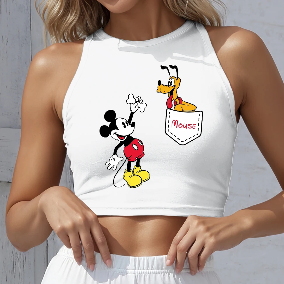 

New Sleeveless Mouse Tank Top Women Clothing Summer Casual Fitness Short Vest Candy Colors Knitted Off Crop Top Camis Mickey