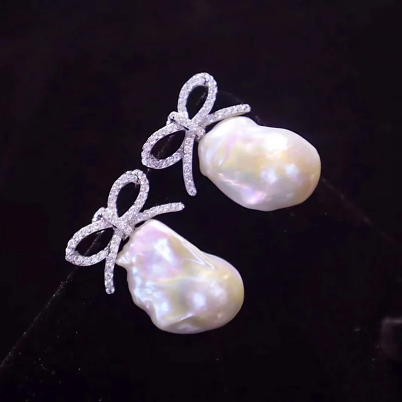 

ZOCA New Bowknot Natural Baroque Pearl Earrings Irregular Genuine 925 Sterling Silver Zircon Set Fine Jewelry Gift for Women