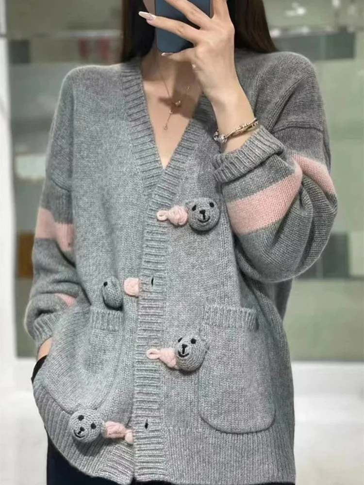 100% Wool Cashmere Women\'s Cardigan Sweater Loose Large Size V-Neck Knit Long Sleeve High End Coat 2024 Autumn/Winter New Patter