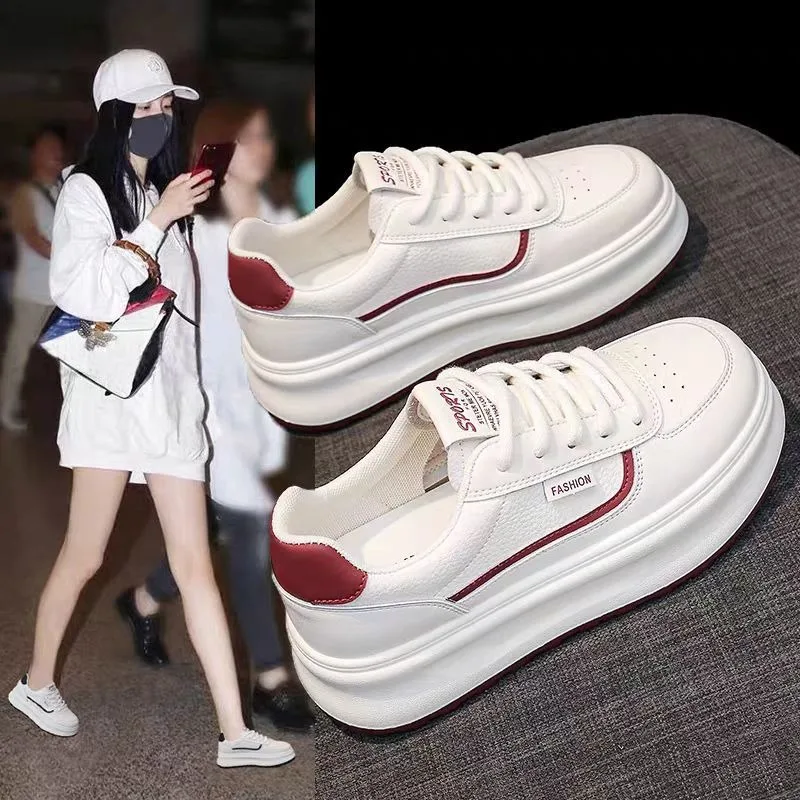 2026 Women Round-Toe White Casual Board Shoes Thick Bottom Vulcanized Sneakers PU Leather Lace-Up Breathable Women Walking Shoes