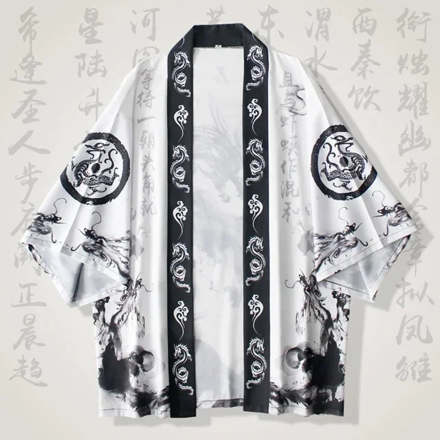 Trendy Chinese Ink Dragon Graphic Haori Kimono Cardigan Summer Casual 1/2 Sleeve Open Yukata Harajuku Style Streetwear Tops