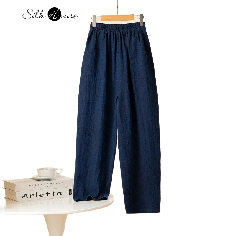 Blue and Black Double-sided 100% Natural Mulberry Silk Gambiered Guangdong Gauze Retro Elastic Waist Women's Straight Leg Pants