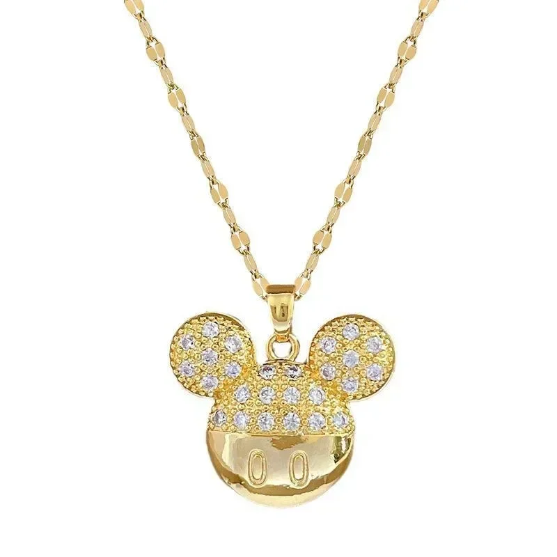 Stainless Steel Big Zircon Mickey Mouse Head Necklaces for Women Girls Cartoon Accessories Gifts for Friends Fans