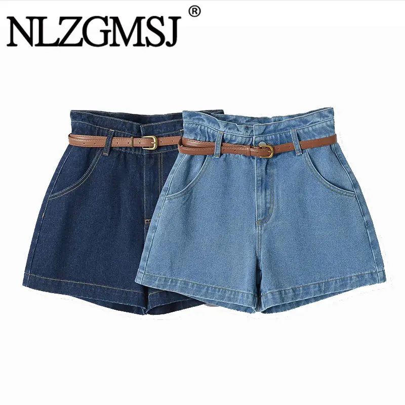 

NLZGMSJ 2026 Summer Women's Denim Shorts Wide With Belt High Waist Female Short Jeans Pants Trend New Female Shorts
