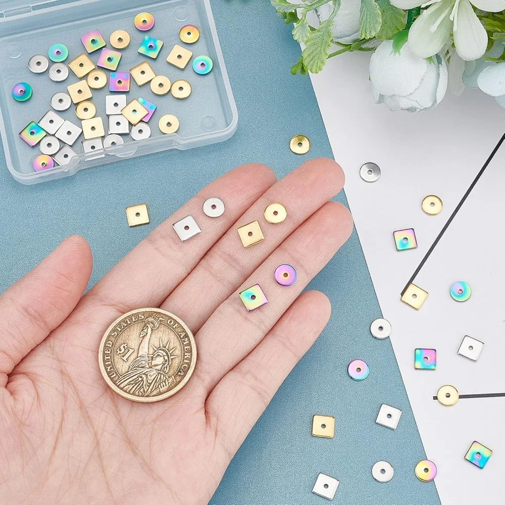 60 قطعة 2 أنماط 3 ألوان الفولاذ المقاوم للصدأ خزر عازل شقة مستديرة مربع حبة النتائج المعادن فضفاض الخرز ل أساور يدوية #2