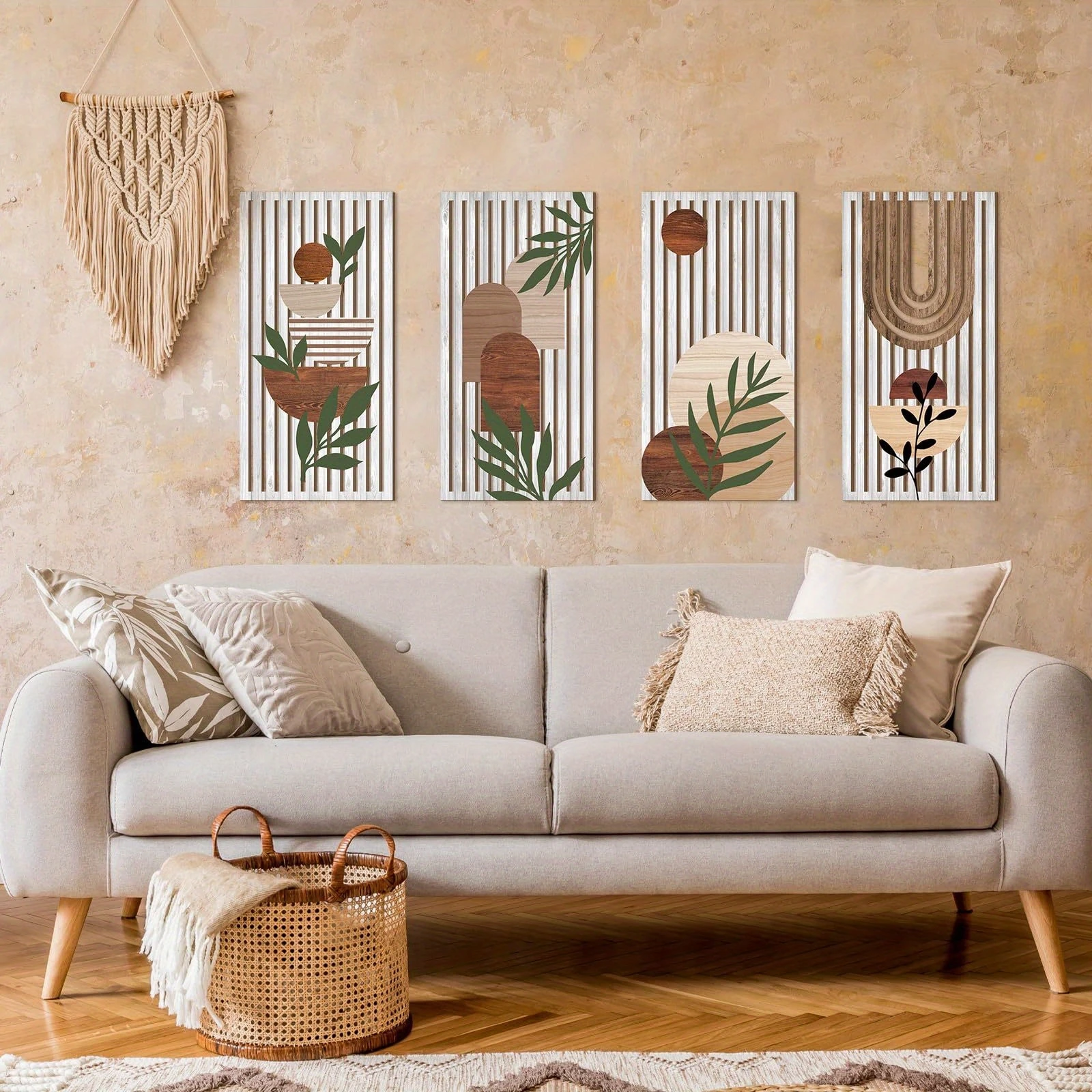 40cm Boho Style 4pcs 2D Flat Wooden Wall Art Abstract Geometry Sun Rainbow Pattern Suitable Living Room Bedroom Office Decoratio