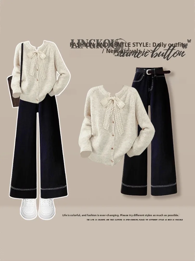 

Ele plus Size Autumn Winter Outfit Women's Korean Sle Knot Slimming Denim Two Piece Set Casual Faion Ensemble