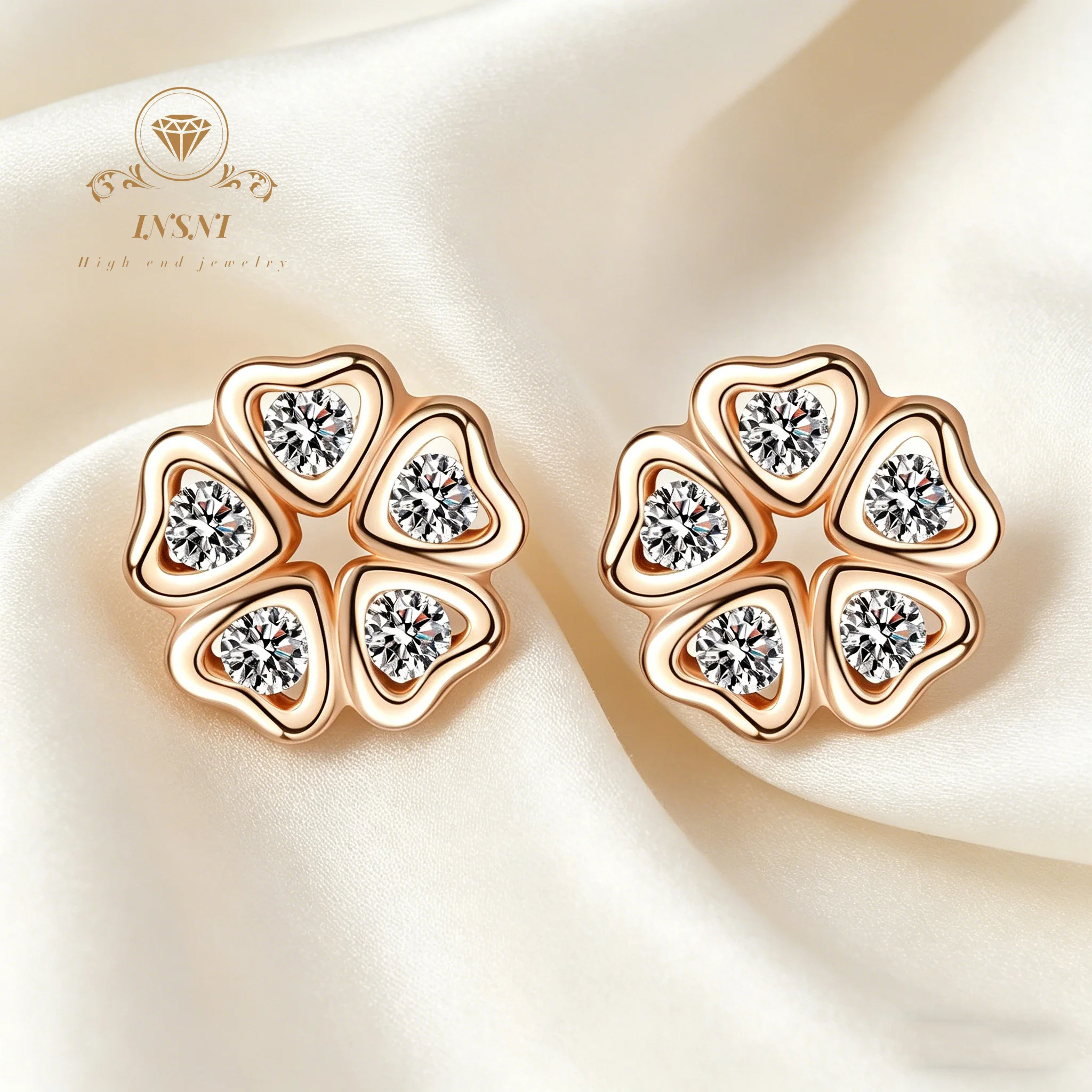 

S925 Sterling Silver Female Love Petal Moissanite Champagne Gold Stud Earrings Small Sweet Affordable Light Luxury Jewelry Gift