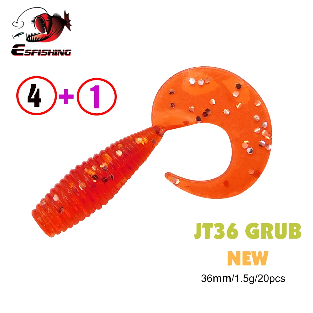 

ESFISHING NEW 2023 Small Grub Lure JT36 20pcs 36mm Silicone Single Tail Pesca Artificial Fishing Lures Soft Bait