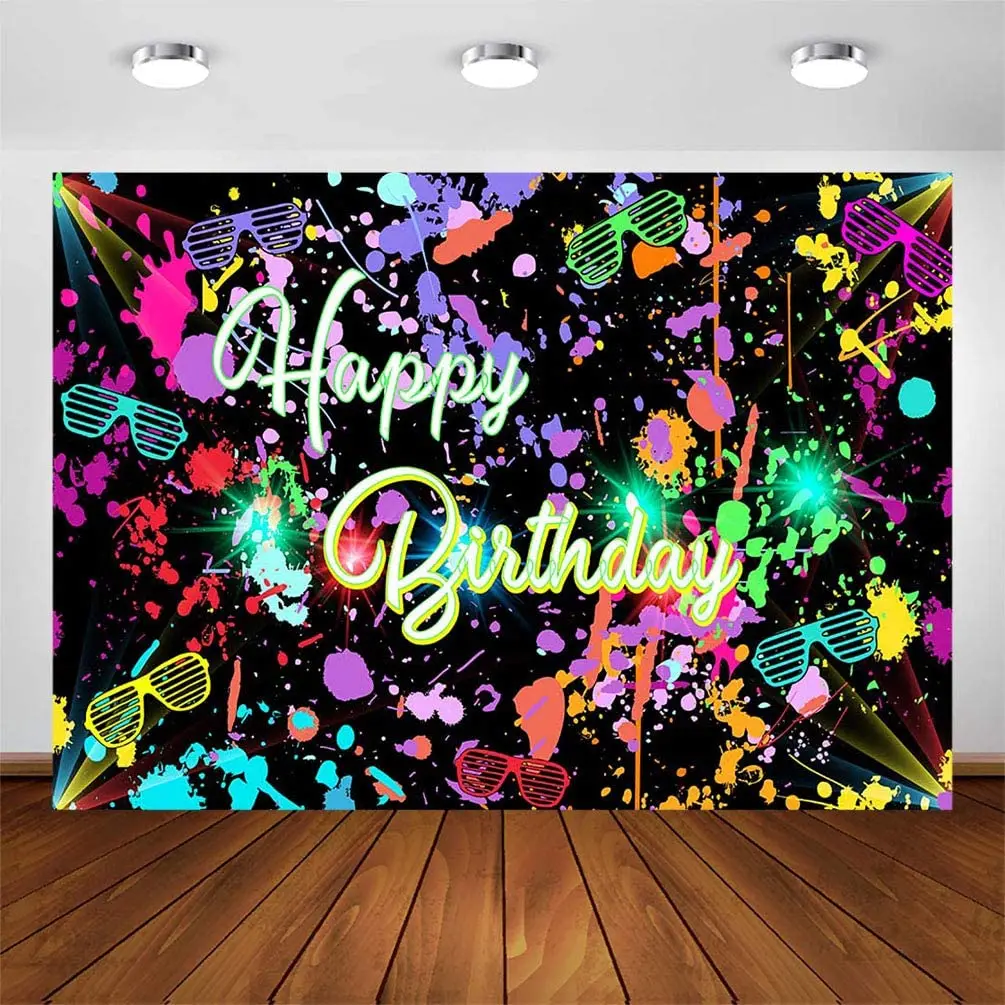 

Neon Happy Birthday Party Background Glow In The Dark Graffiti Splatter Photography Backdrop Let’s Glow Decoration Photo Booth