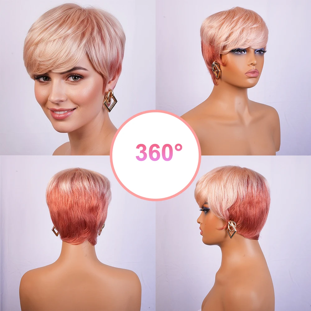 핑크 옴브레 숏 픽시컷 가발, 여성용 프리플럭 뱅이 있는 스트레이트 인모 가발, 기계식 캡 브라질리언 레미 헤어 가발