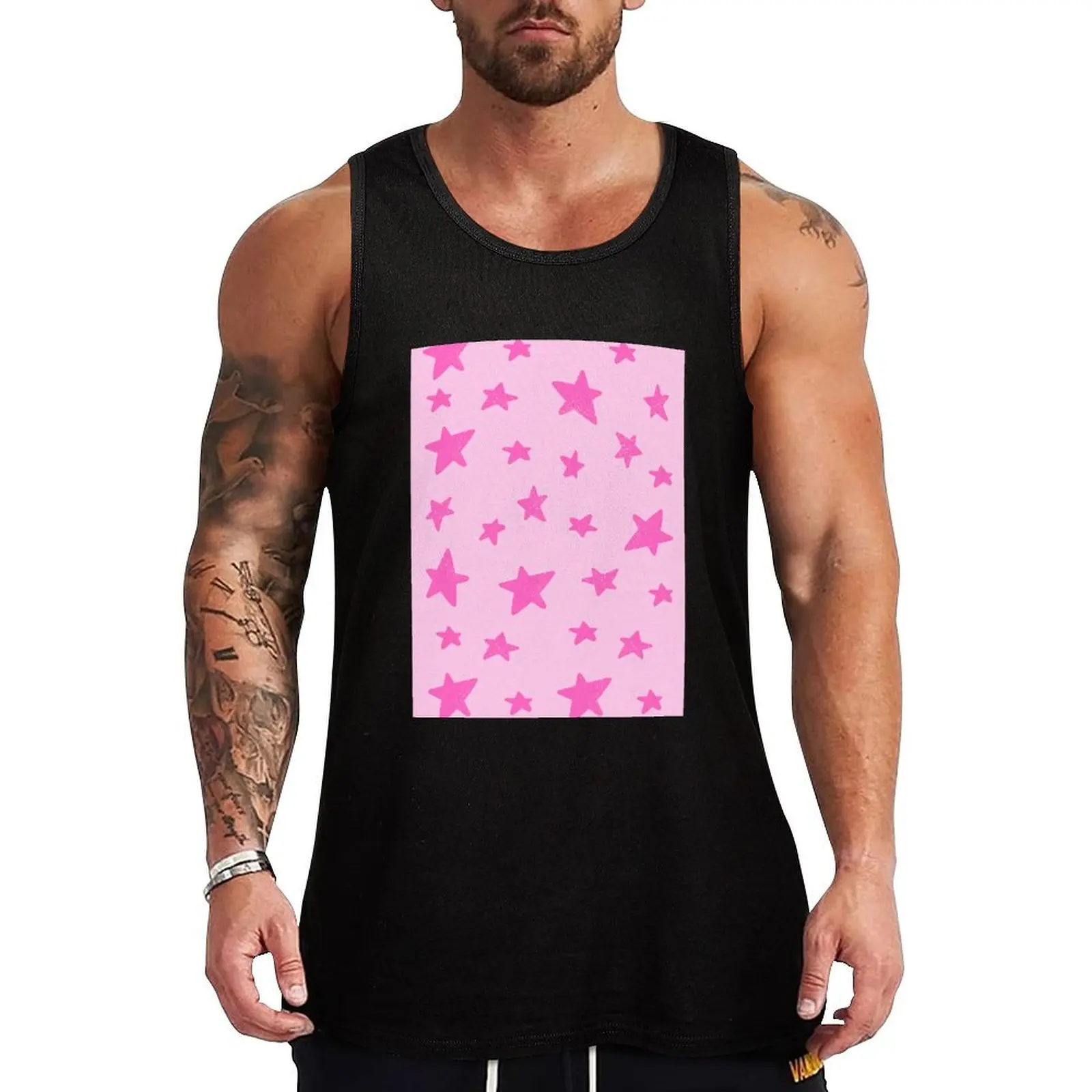 

Preppy Star Print- Pink Tank Top sleeveless gym shirt man fitness t-shirt gym man Muscle fit sleeveless man shirts