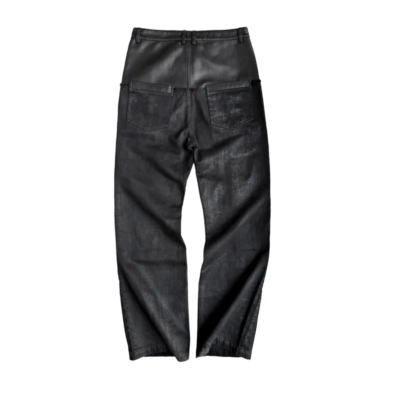 HKSH Cinder Vein Double Waist PU Spliced Bone Washed Brushed Wax Distressed Vintage Trendy Versatile Jeans HK18482