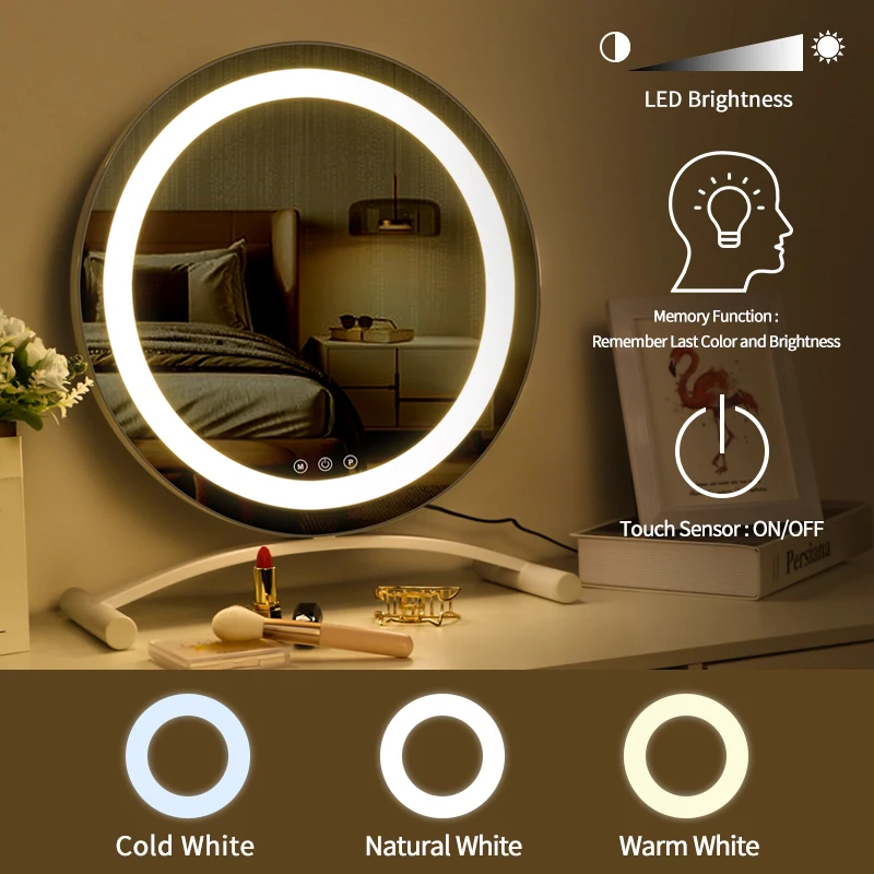 New Design High-Definition LED Large Round Lighted Up Cosmetic Mirror For Bedroom Makeup Vanity Mirror With Lights