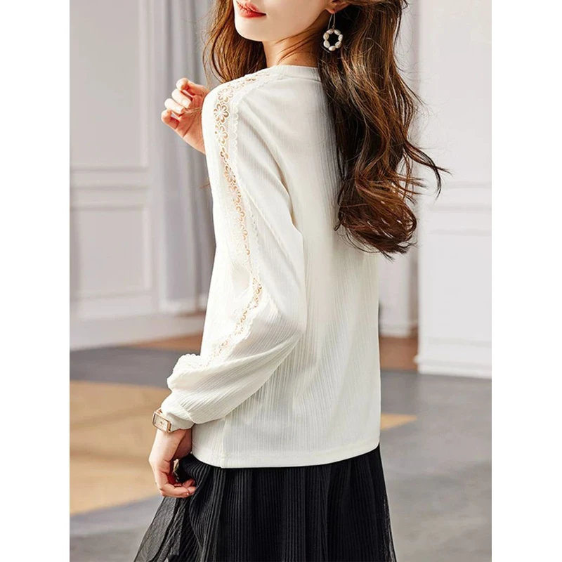 Women Stylish Hollow Out Lace Patchwork Black White Elegant T-shirt Casual O Neck Long Sleeve Loose Pullover Tops Ropa De Mujer