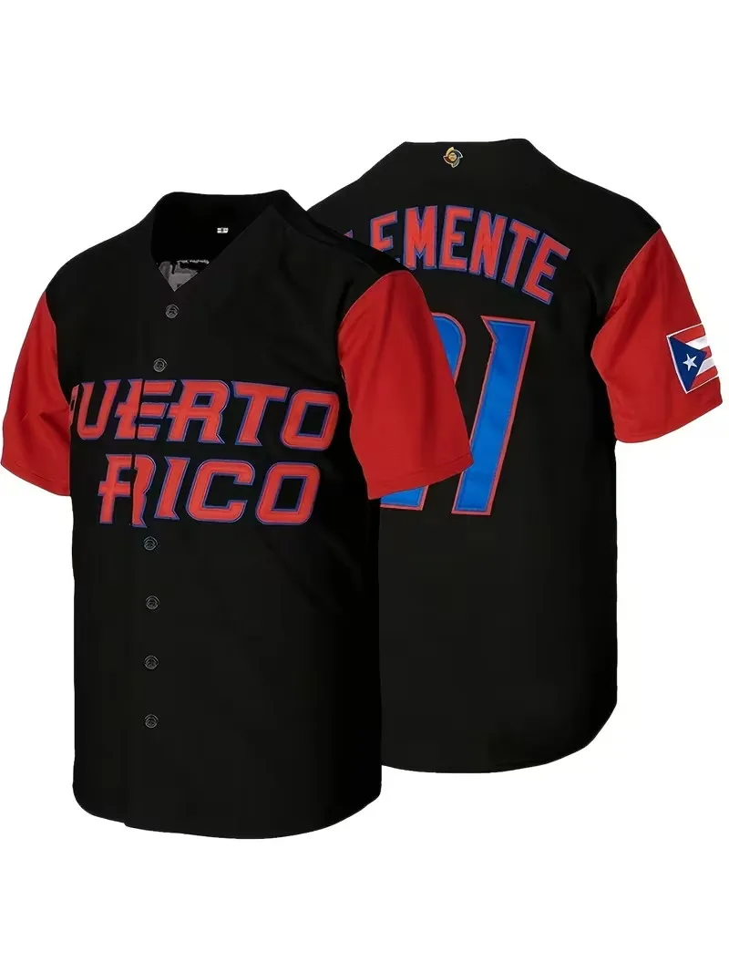 Puerto Rico Baseball Jersey Men short sleeve Button Down Shirts Puerto Rico Flag Patch Sports Uniform Quick Dry Streetwear Tee