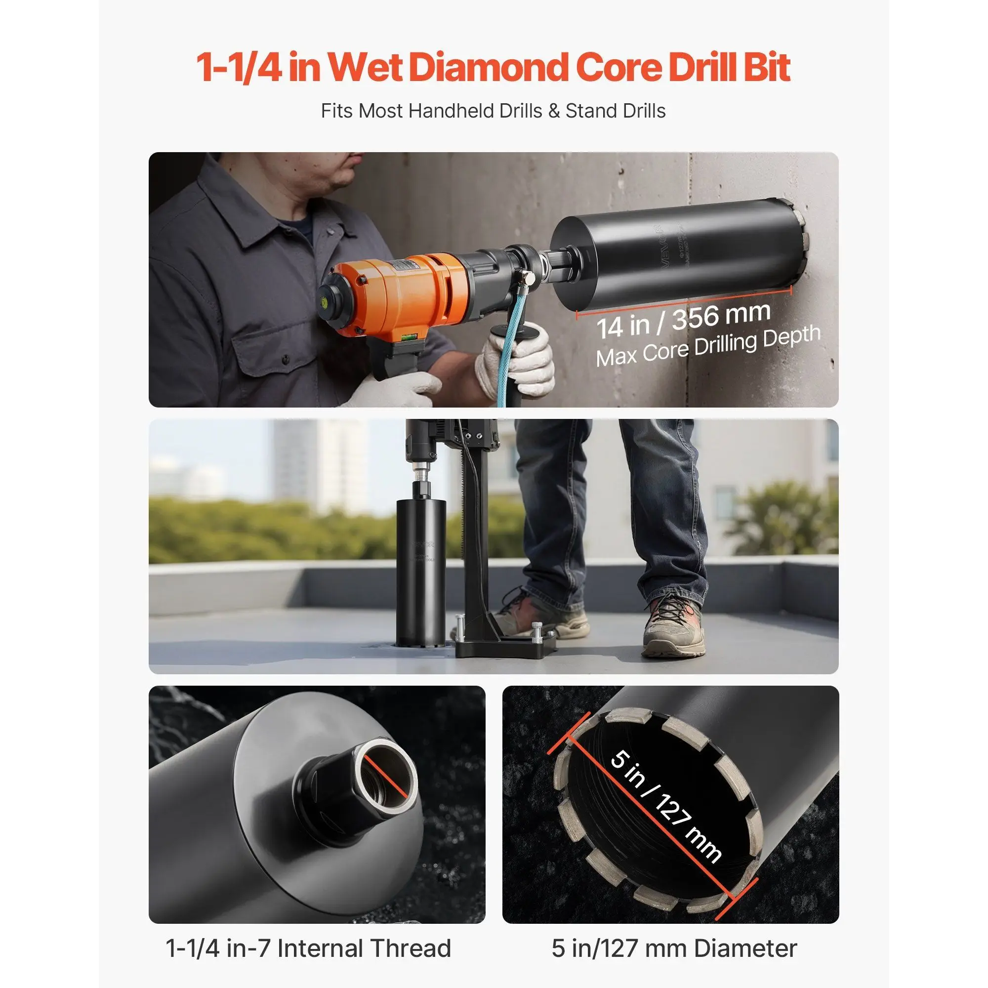 High-Precision 5 Inch Diameter 14 Inch Drilling Depth Masonry Concrete Core Drill Bit 1-1/4 In-7 Internal Thread Wet Dia