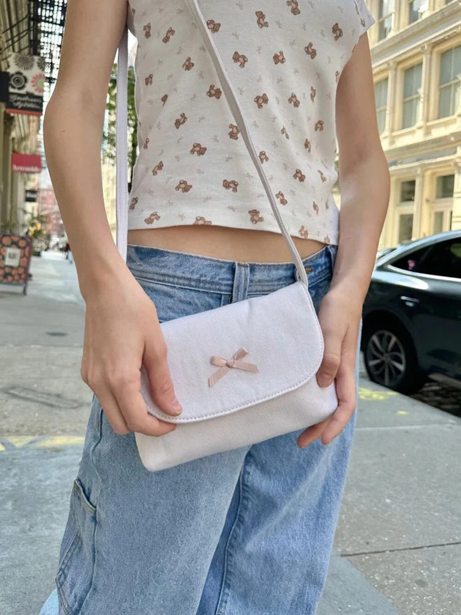 Pink Bow Solid Purse Women Casual Simple Student Flip Cover Crossbody Wallet Bag Sweet Cute Preppy Style Phone Bags Y2k New