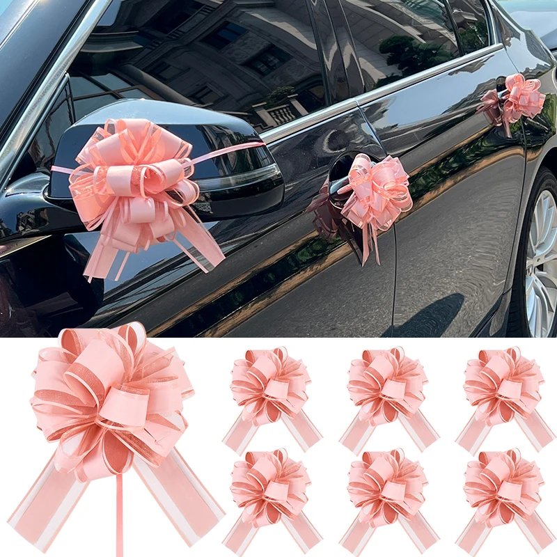 1/2/4Pcs White Pink Gold Wedding Car Pull Bow Ribbons Flower Snow Gauze Pull Bow Wedding Party Decoration Home Birthday Decor