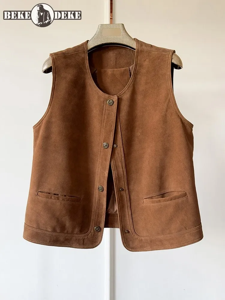 Elegant Female Fashion O Neck Real Suede Leather Loose Vest Single Breasted Office Waistcoat Lady Loose Genuine Leather Jacket