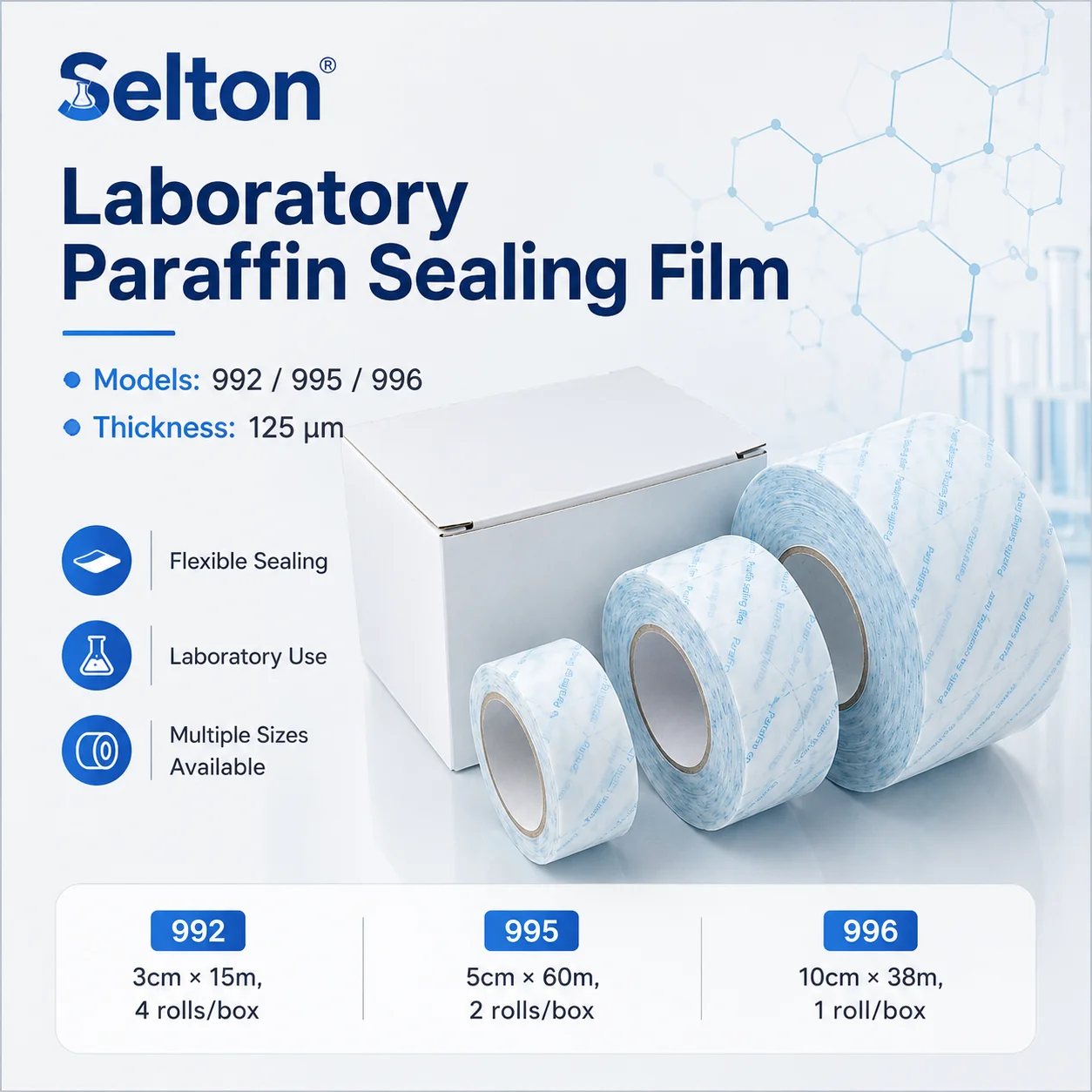 Selton Laboratory Sealing Film Paraffin Film Self Adhesive Sealing Film for Lab Test Tubes Flask Petri Dish 992 995 996