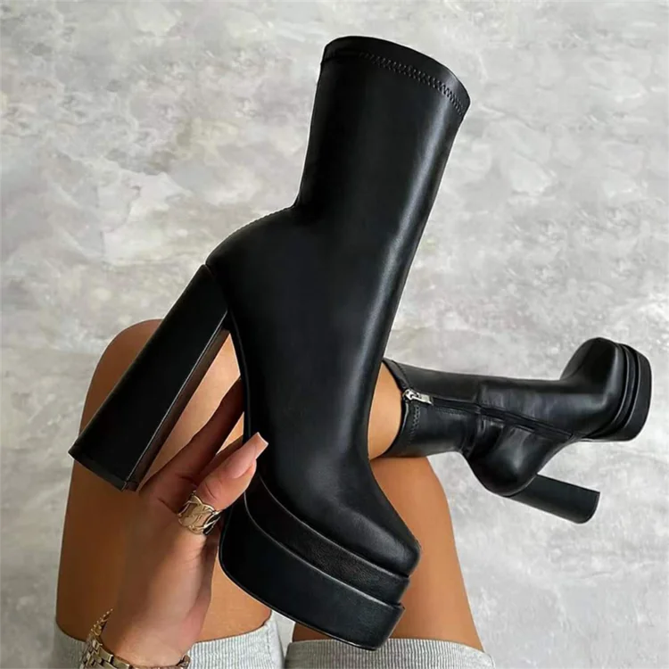 Chunky High Heels Women Boots Autumn Winter 2023 Hot Fashion Double Bottom Mid Calf Boots Simply Side Zipper Office Lady Boots