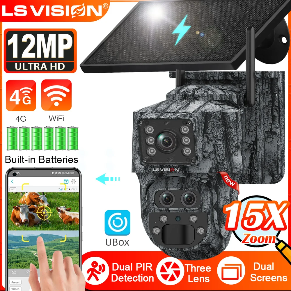 

LS VISION 4G Solar Camera 12MP Dual Screen 15X Zoom WiFi Outdoor Hunting Camera Trail Cam PIR Human Detection Auto Tracking Ubox