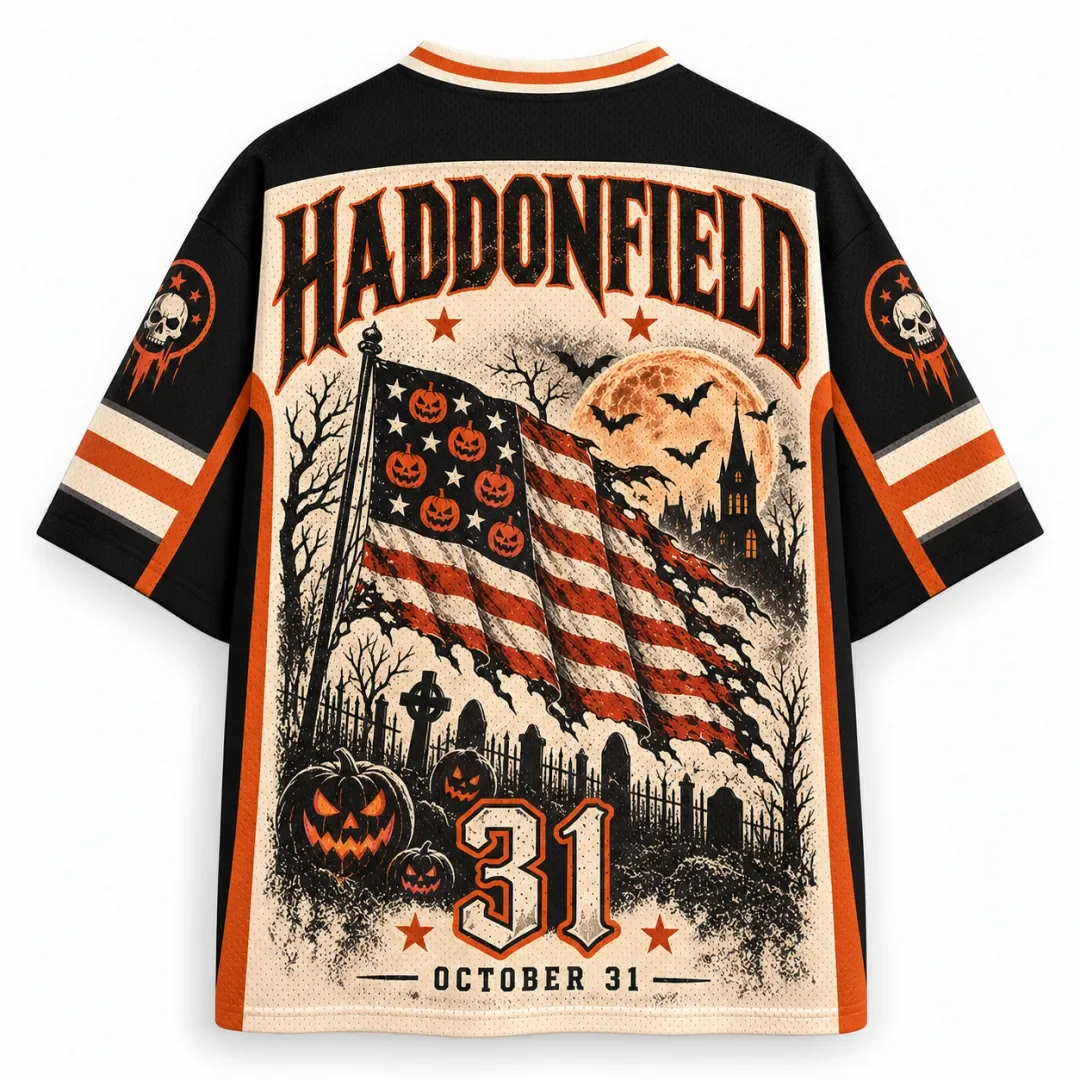 Halloween Mesh Jersey Pumpkin American Flag Cemetery Castle V-neck Short Sleeved Streetwear
