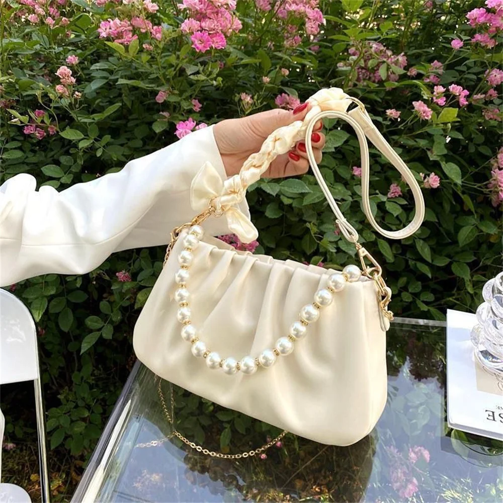 Bolsos plisados de PU con perlas y nubes para mujer, bolsos de hombro para compras, bolsos de mano femeninos, bolsos cruzados