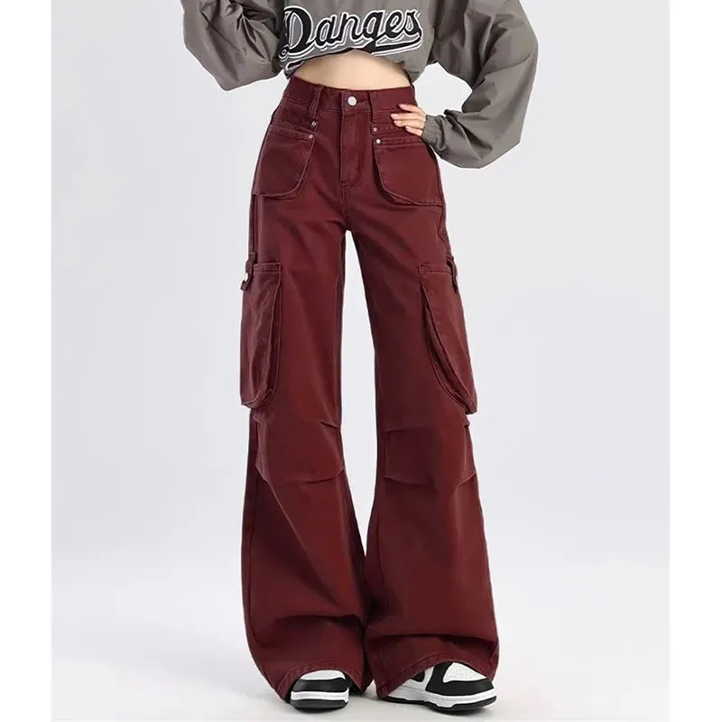 Spring Autumn Femme High Waist Denim Pantalons Ladies Multi Pocket Work Cowboy Straight-leg Trousers Korean Women Wide Leg Jeans