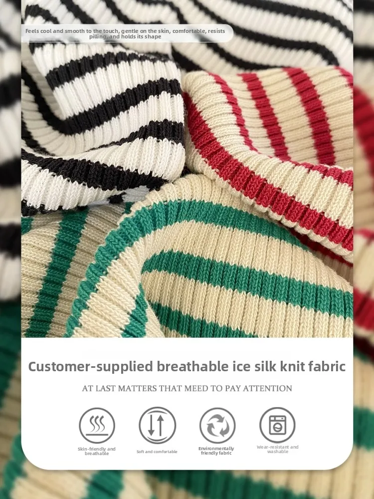 سترة نسائية محبوكة من الحرير الجليدي سترة رفيعة ملابس خارجية صيفية بنمط مخطط للتنقل بطول ort بقصة ضيقة