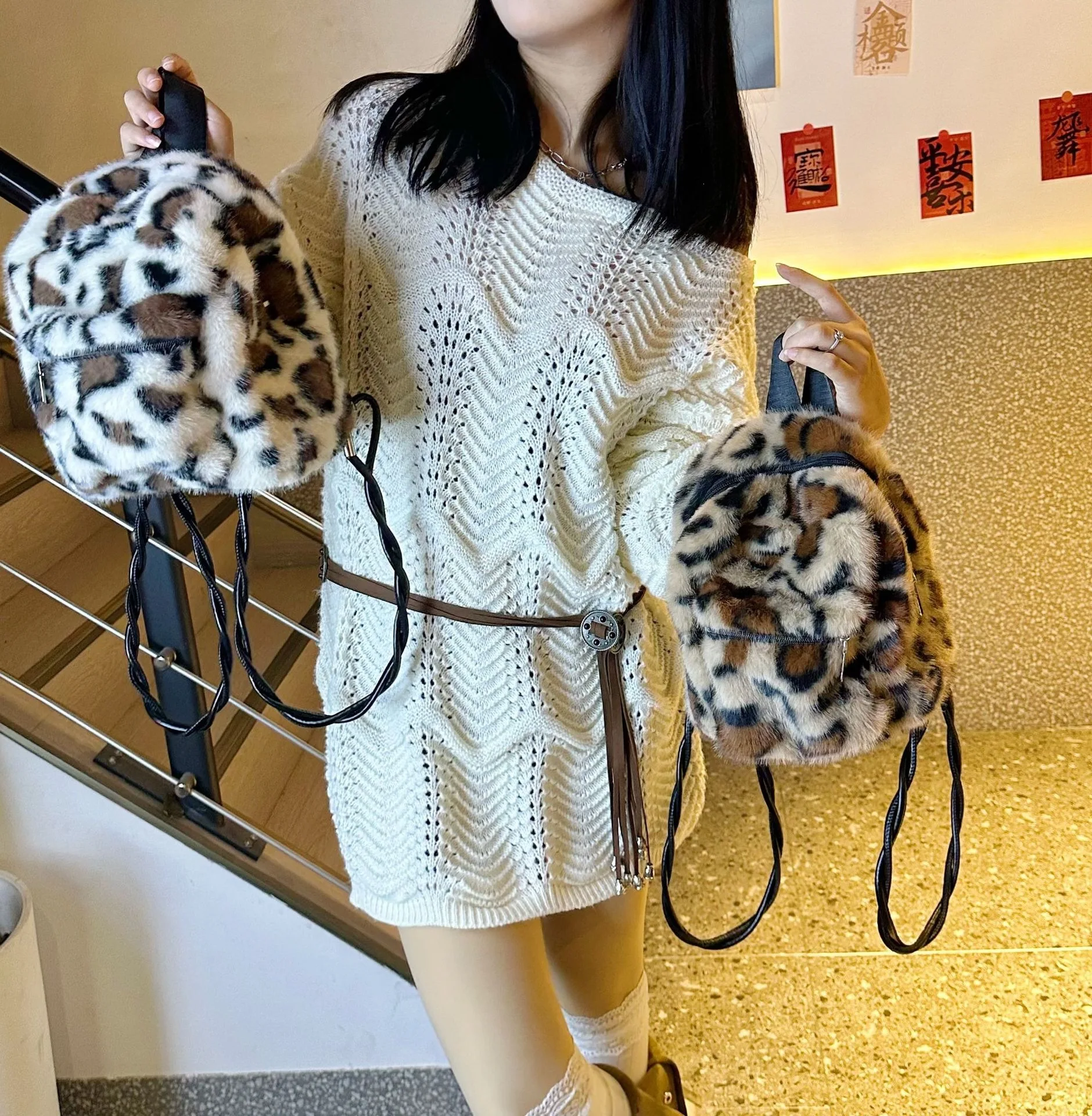 2025 New Y2K Women Leopard Print Plush Backpack, Cute Pink Furry Bag, Versatile Hot Girl Fluffy Shoulder Rucksack